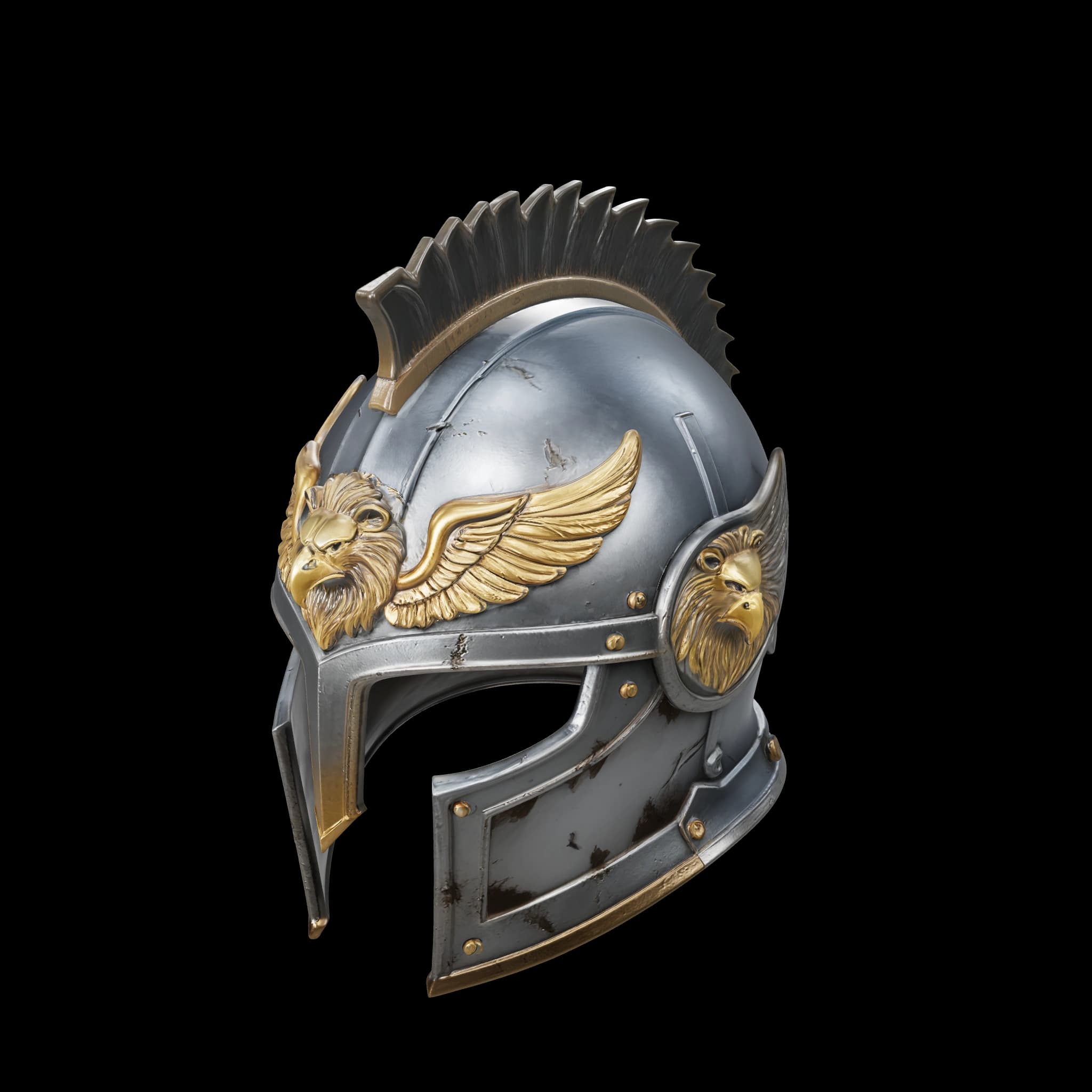 Actual Show3D generation: a dark steel griffin helmet with brass wing reliefs, an open visor and a ridged crest.
