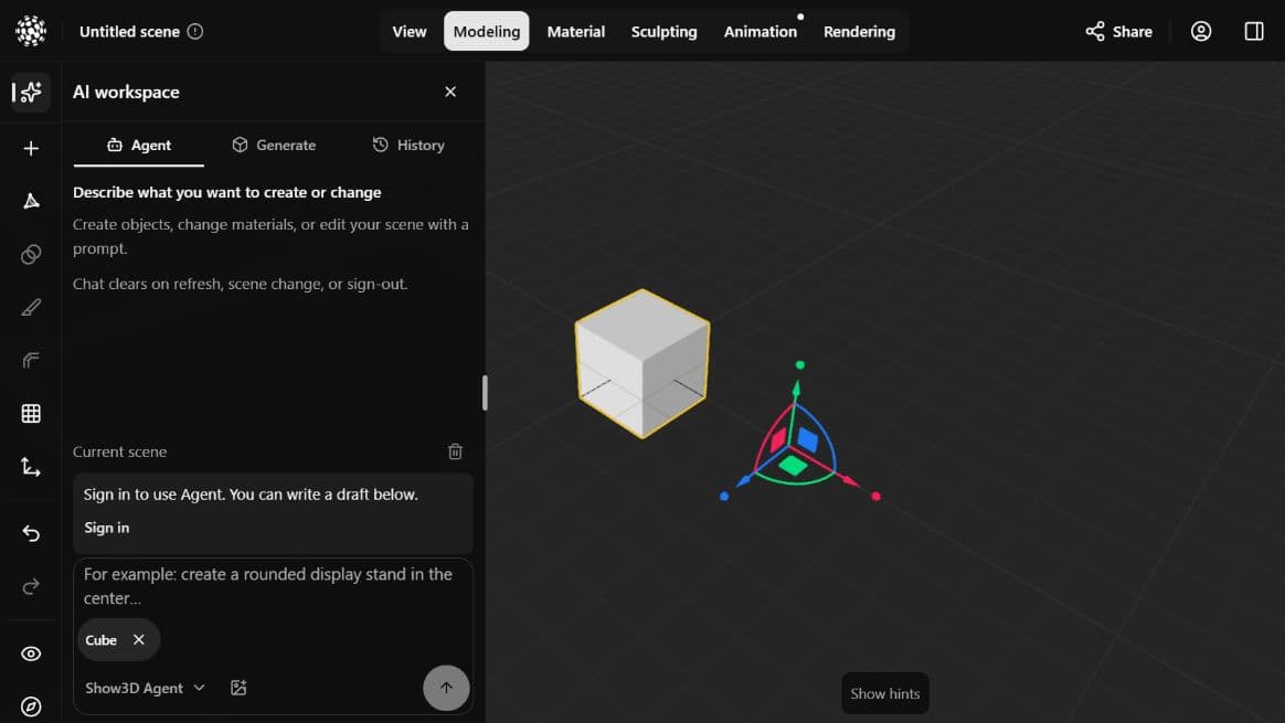 The Show3D Agent composer with a referenced Cube, image attachment button and Agent selector.