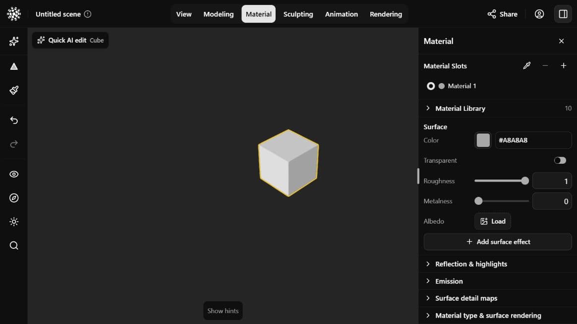 A cube in the Show3D Material workspace with material slots, color, roughness and metalness controls.