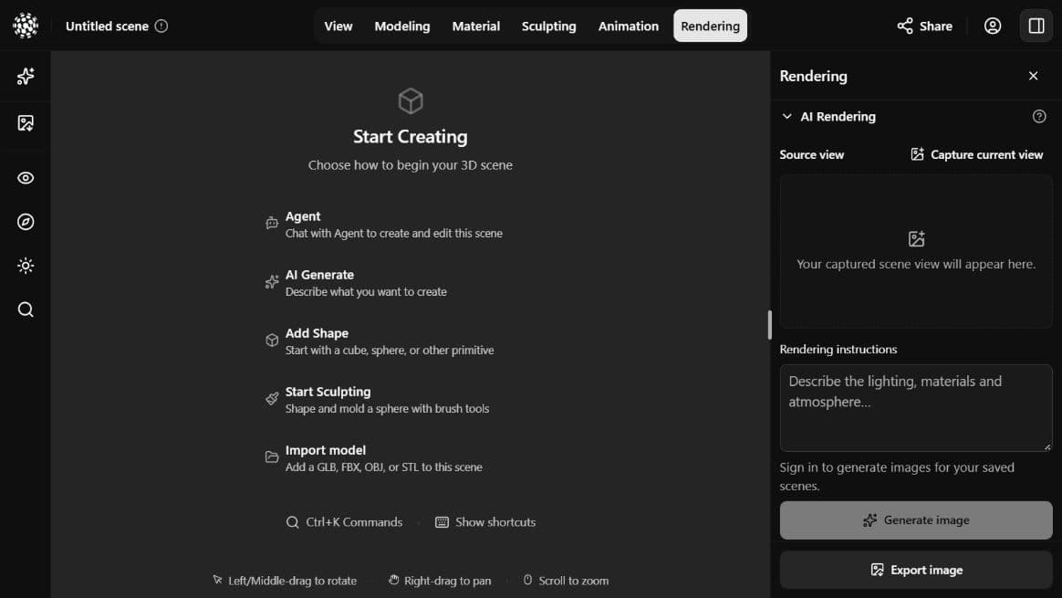 Show3D Rendering workspace with AI Rendering and Capture current view controls.