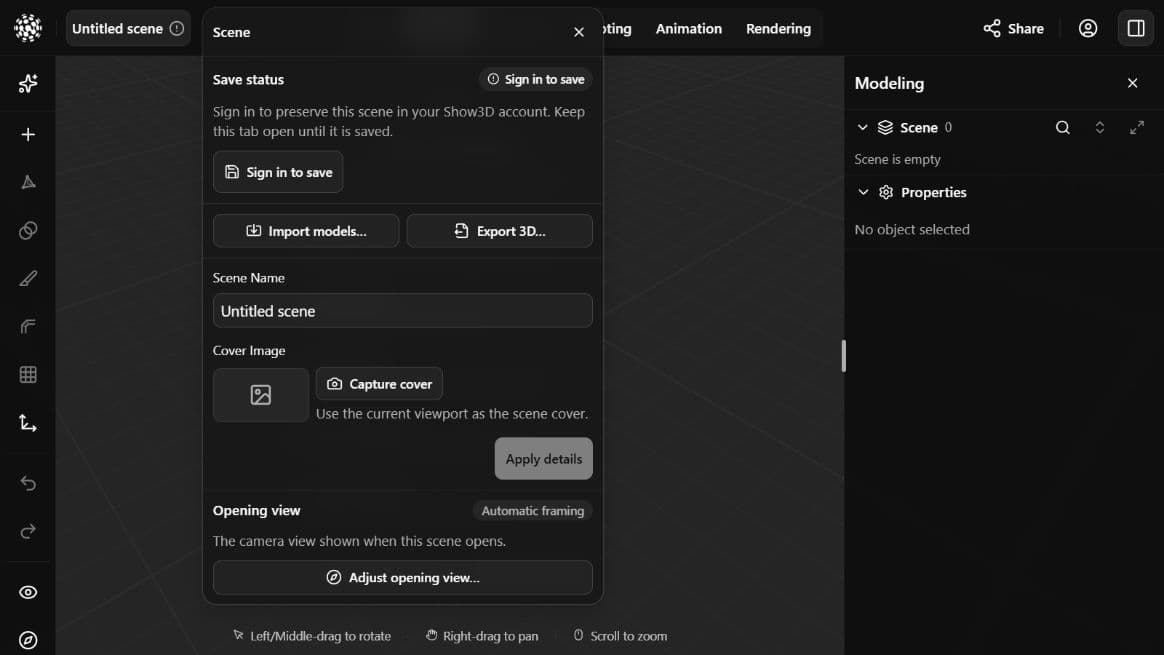 Scene-name panel with save status, import and Export 3D controls.